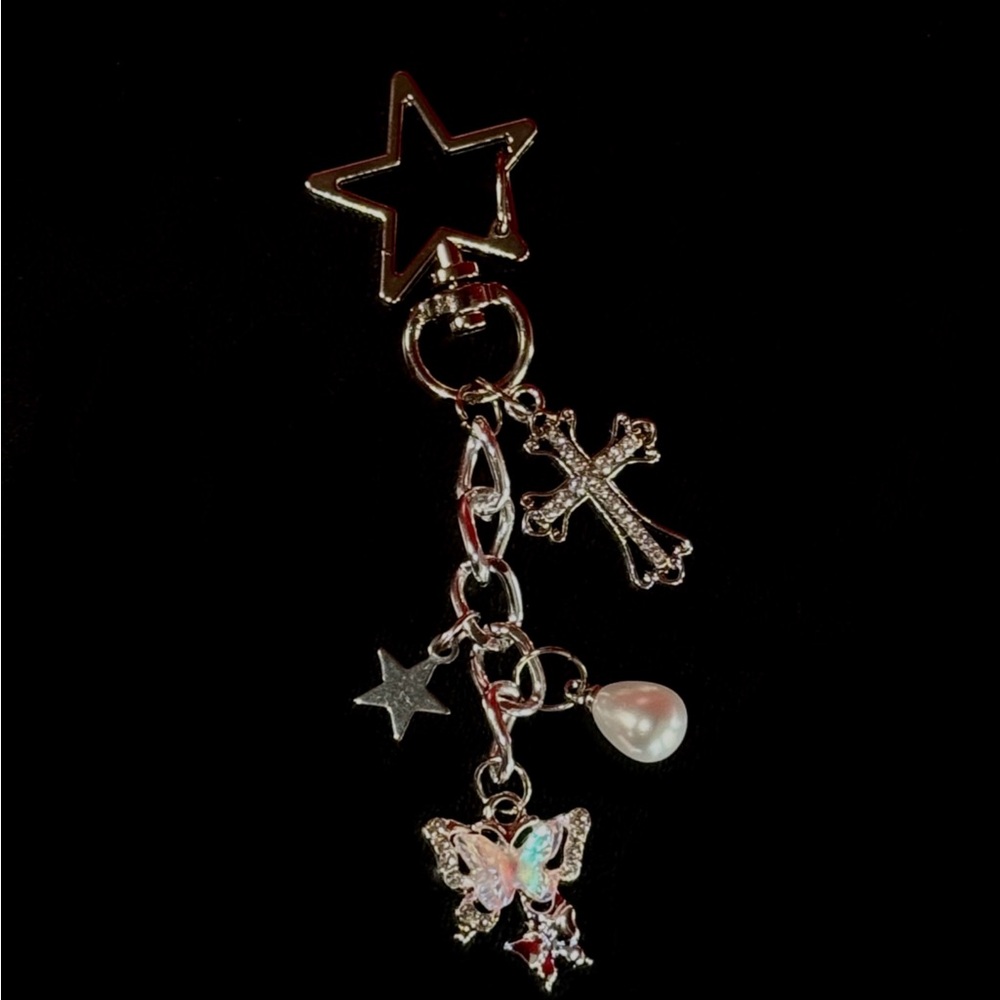 Handmade Silver Star and Cross Charm Keychain
